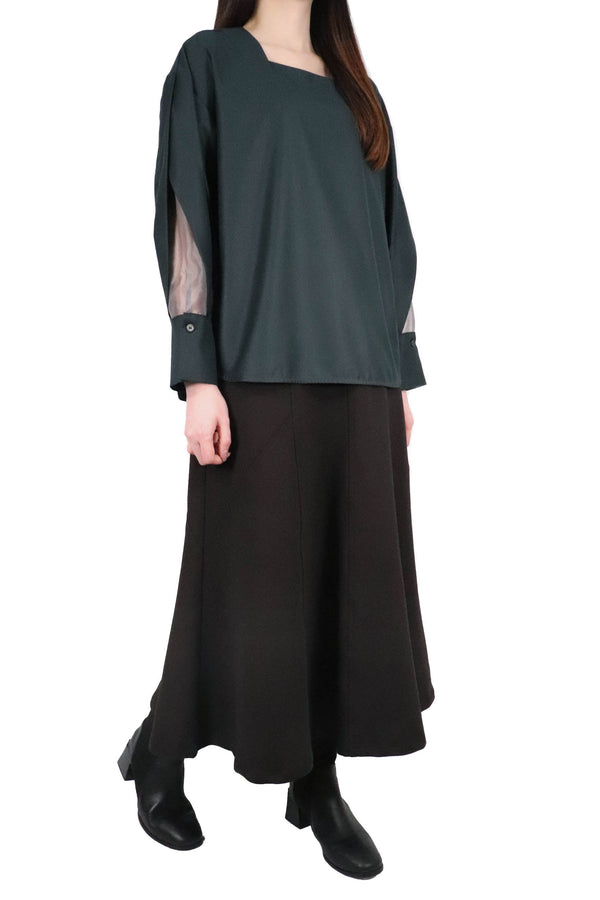 方領勾根紗拼袖上衣 (日本布料) - 墨綠色 - Chic Collection