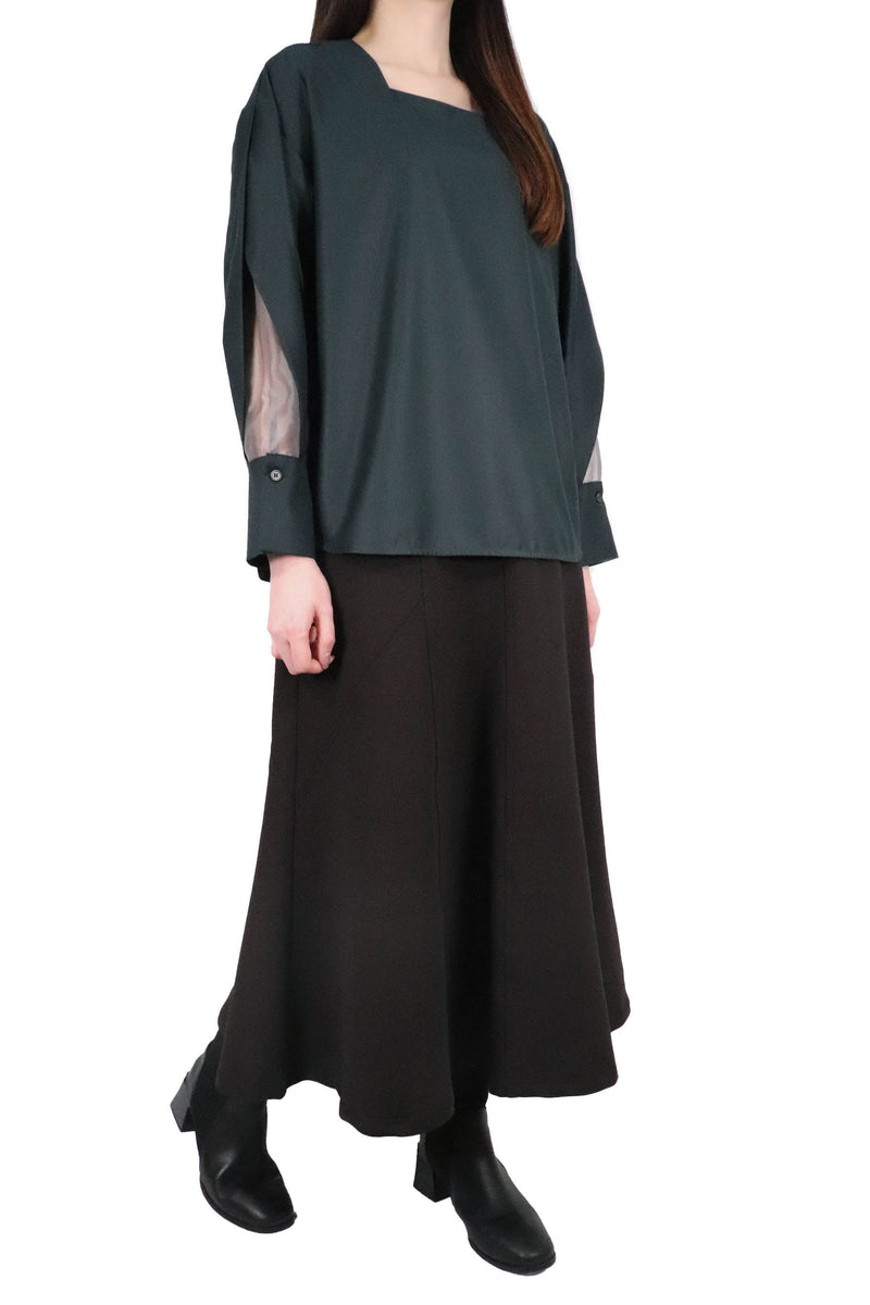 方領勾根紗拼袖上衣 (日本布料) - 墨綠色 - Chic Collection