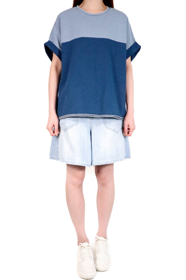 牛仔拼色卷邊棉質上衣 - 深藍色 - Chic Collection