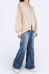 下擺束帶雙拉鍊薄外套 - 杏色 - Chic Collection