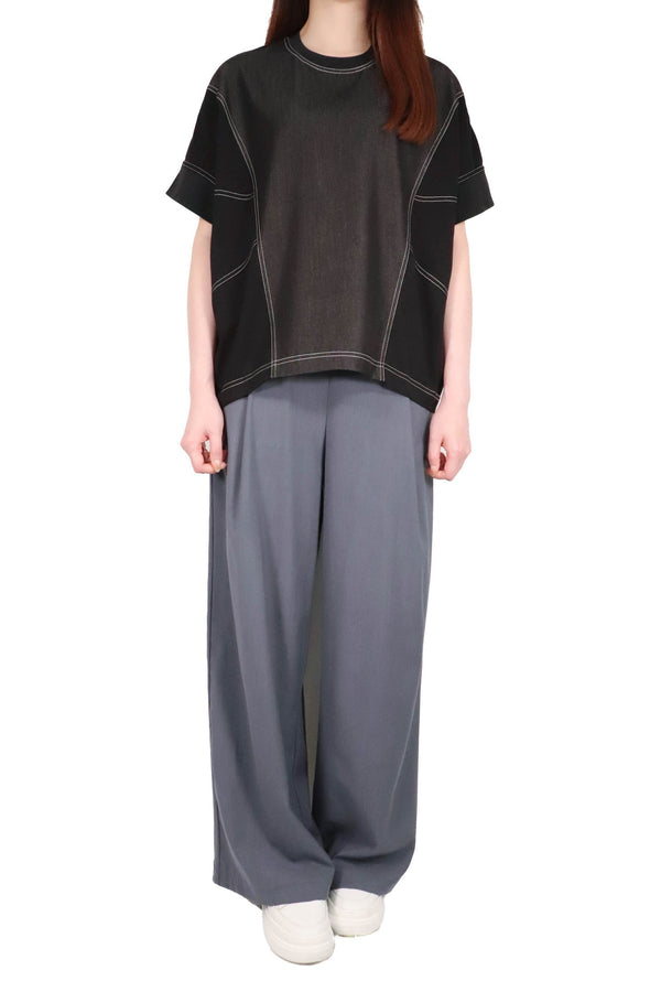 牛仔拼布明線上衣 - 黑色 - Chic Collection