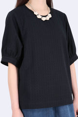 [預訂] 格紋泡泡袖棉質上衣 (日本布料) - 黑色 - Chic Collection