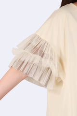 拼色紗袖棉質上衣 - 米色 - Chic Collection