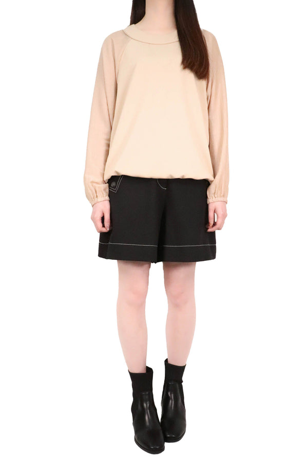 暗紋泡泡袖接拼上衣 (拼日本布料) - 杏色 - Chic Collection