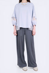 層次接拼歐根紗袖棉質上衣 - 淺藍色 - Chic Collection