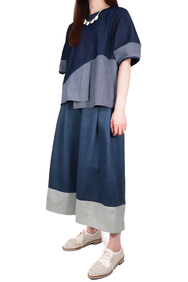 牛仔流線開叉直條上衣 (日本布料) - Chic Collection