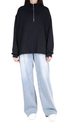 拉鍊立領斜袋混棉上衣 - 深藍色 - Chic Collection