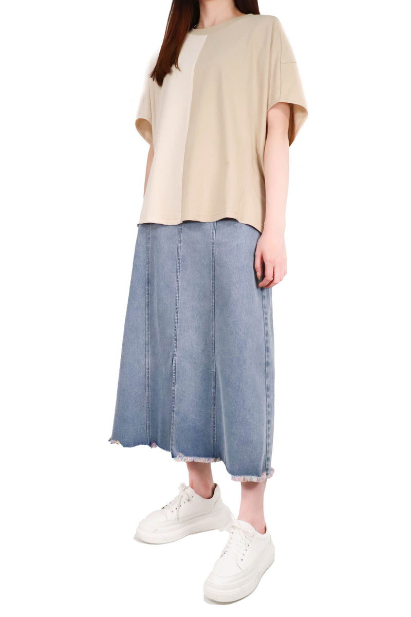 左右拼色寬鬆感棉質上衣 (日本布料) - 杏拼米色 - Chic Collection
