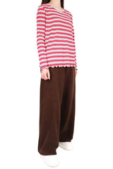 橫間木耳邊棉質上衣 - 紅間 - Chic Collection