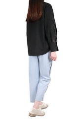 方領勾根紗拼袖上衣 (日本布料) - 黑色 - Chic Collection