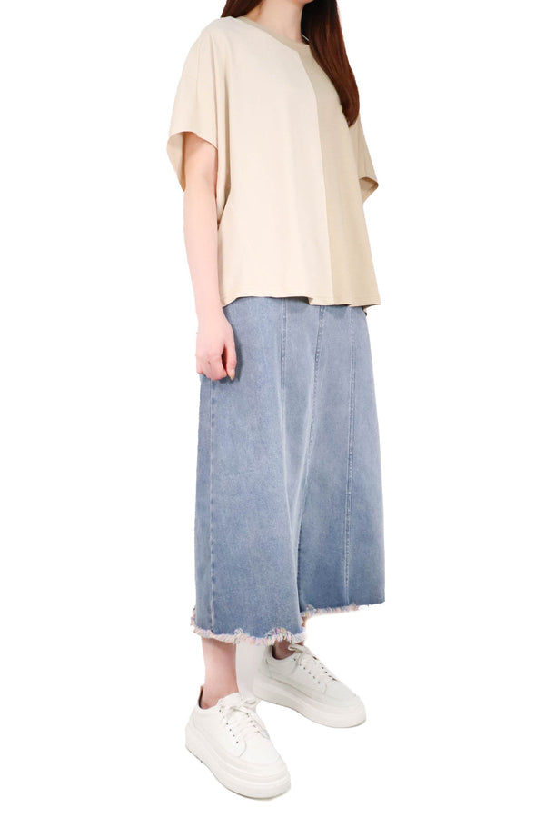左右拼色寬鬆感棉質上衣 (日本布料) - 杏拼米色 - Chic Collection