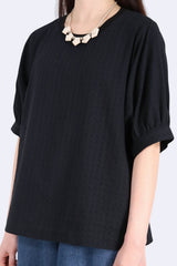 [預訂] 格紋泡泡袖棉質上衣 (日本布料) - 黑色 - Chic Collection