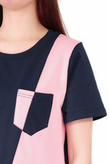 斜拼色袋口棉質上衣 - 深藍色拼粉色 - Chic Collection