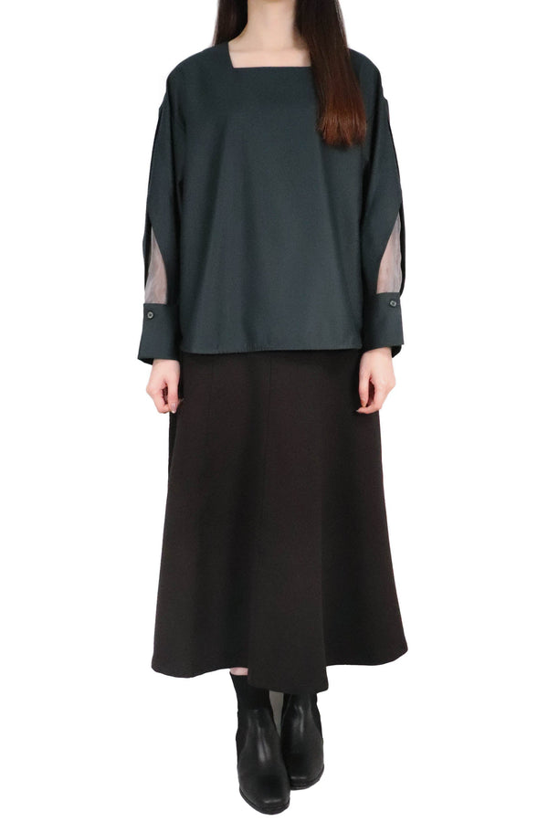 方領勾根紗拼袖上衣 (日本布料) - 墨綠色 - Chic Collection