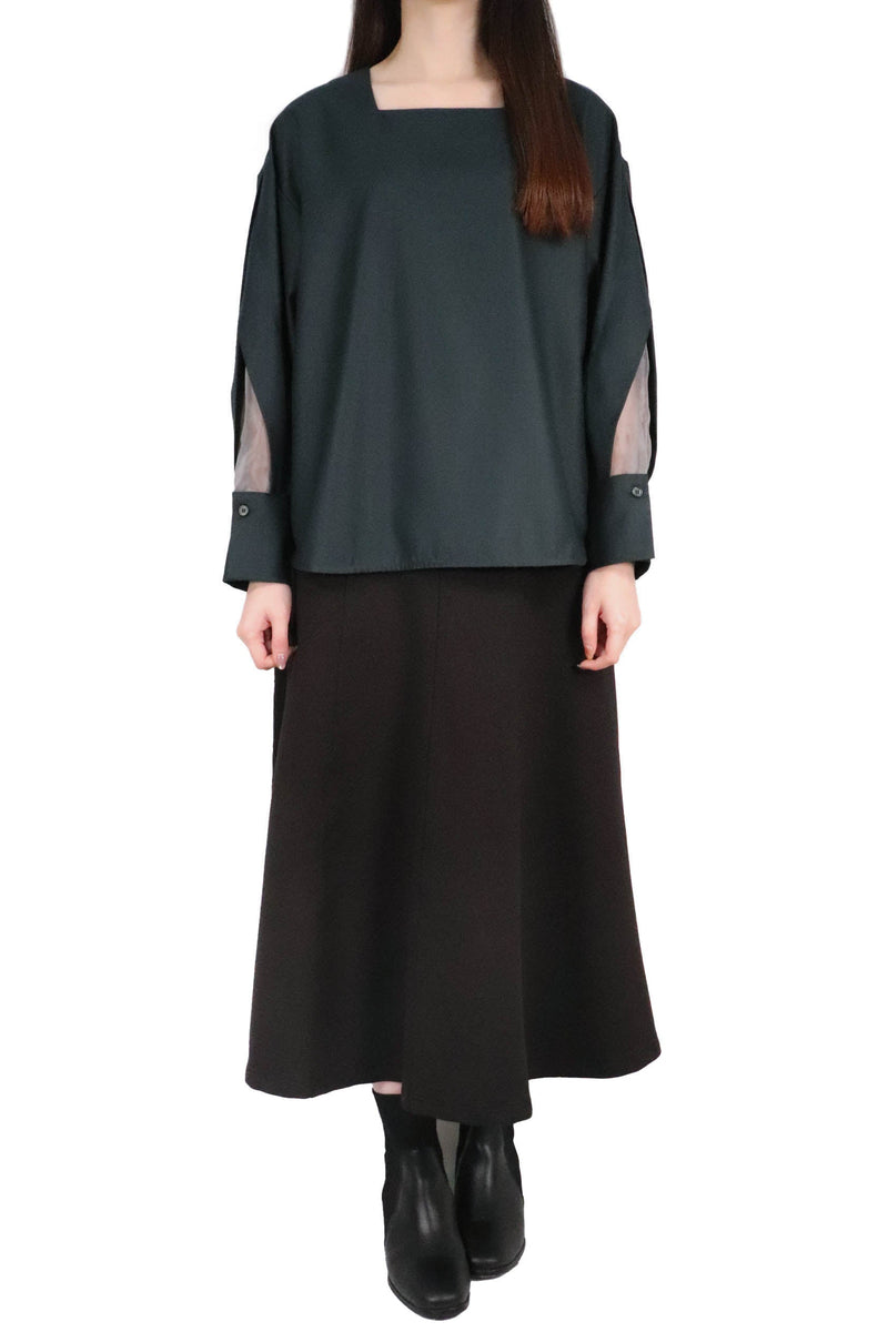 方領勾根紗拼袖上衣 (日本布料) - 墨綠色 - Chic Collection