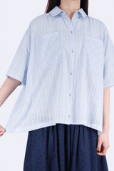 透格紋質感袋口恤衫 - 淺藍色 - Chic Collection