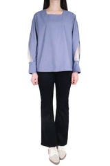 方領勾根紗拼袖上衣 (日本布料) - 藍色 - Chic Collection