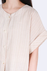 [預訂] 直紋前後兩著棉麻上衣 (日本布料) - 杏色 - Chic Collection