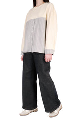 下拼暗閃格紋棉質上衣 (拼日本布料) - 米色 - Chic Collection