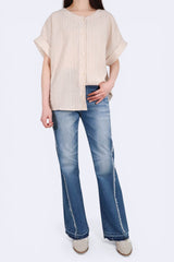 [預訂] 直紋前後兩著棉麻上衣 (日本布料) - 杏色 - Chic Collection