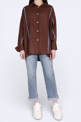 波浪花邊撞色薄棉裇 - 啡色 - Chic Collection