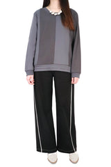 暗紋接拼棉質上衣 - 深灰色 - Chic Collection