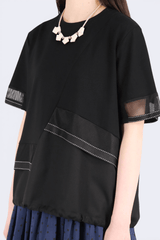 網面層次接拼束帶棉質上衣 (拼日本布料) - 黑色 - Chic Collection