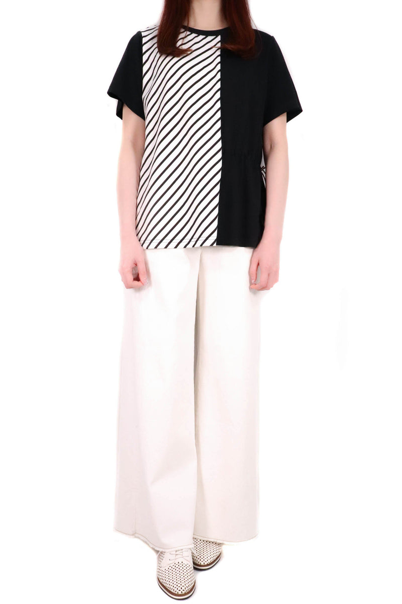 斜間側束帶棉質上衣 - 白底黑間 – Chic Collection