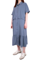 裇衫設計假兩件連身裙 (日本布料) - 霧藍色 - Chic Collection
