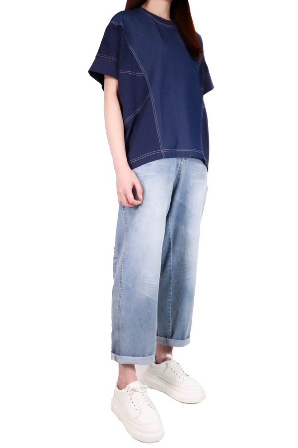 牛仔拼布明線上衣 - 藍色 - Chic Collection