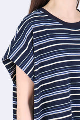 [預訂] 寛鬆彩色橫間棉質上衣 (長版) - 深藍色 - Chic Collection