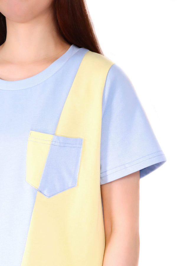 斜拼色袋口棉質上衣 - 淺藍色拼黃色 - Chic Collection