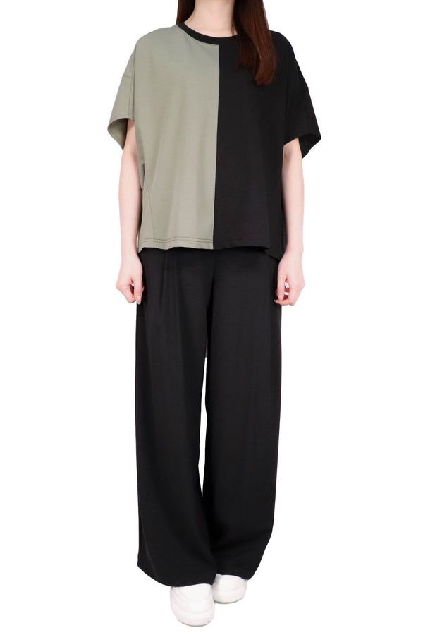 左右拼色寬鬆感棉質上衣 (日本布料) - 黑拼綠色 - Chic Collection