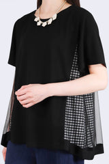 暗紋後拼格仔透網紗上衣 (拼日本布料) - 黑色 - Chic Collection