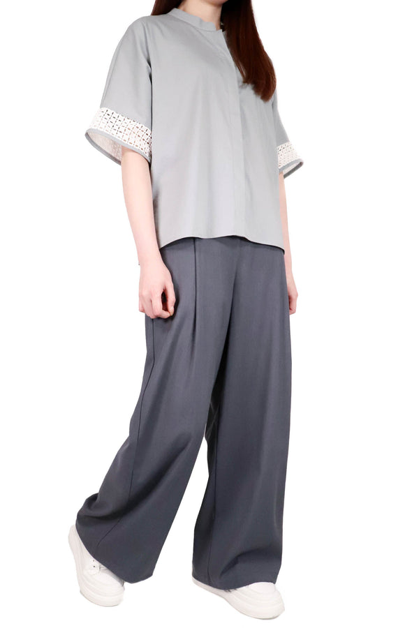 圓領通花袖裇衫 (日本布料) - 灰色 - Chic Collection