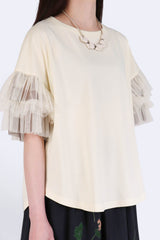 拼色紗袖棉質上衣 - 米色 - Chic Collection