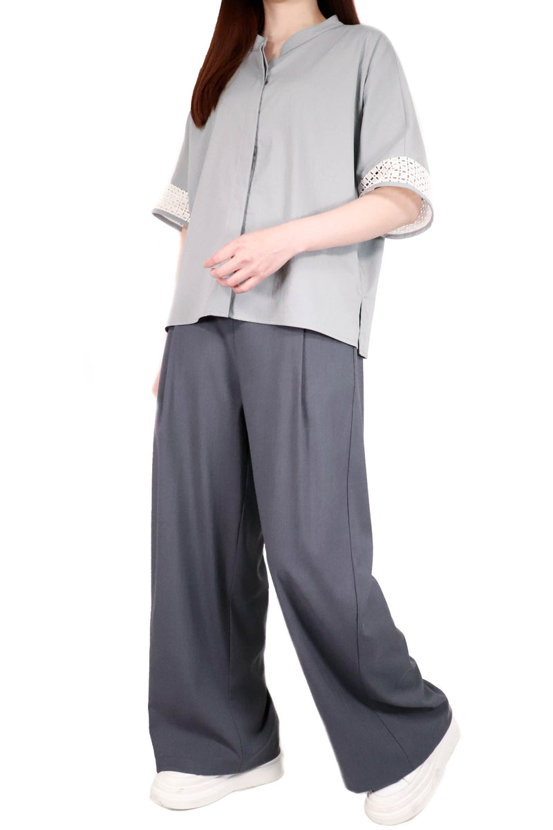 圓領通花袖裇衫 (日本布料) - 灰色 - Chic Collection
