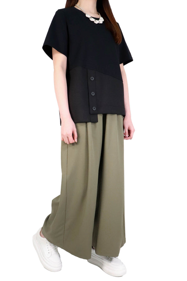 下接拼鈕扣棉質上衣 (拼日本布料) - 黑色 - Chic Collection