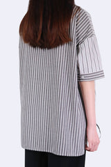 粗幼條子接拼下擺束帶裇衫 (日本布料) - 灰色 - Chic Collection