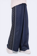 兩側刺繡牛仔闊褲 - 藍色 - Chic Collection
