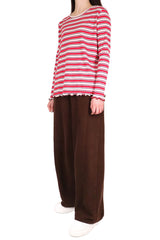 橫間木耳邊棉質上衣 - 紅間 - Chic Collection