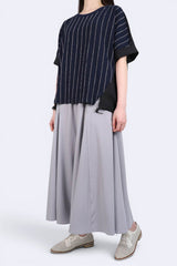 質感直條拼彈力混紡束腳上衣 (拼日本布料) - 深藍色 - Chic Collection