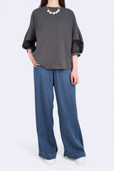 [預訂] 網格泡泡袖接拼棉質上衣 - 灰色 - Chic Collection