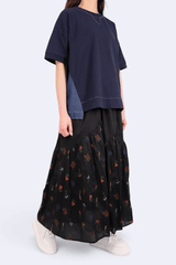 明線造型棉拼牛仔上衣 - 深藍色 - Chic Collection
