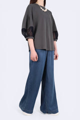 [預訂] 網格泡泡袖接拼棉質上衣 - 灰色 - Chic Collection