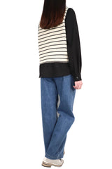 橫間線織接拼假兩件裇衫 (拼日本布料) - 米白色 - Chic Collection