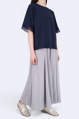 閃閃網紗接拼涼感棉質上衣 - 深藍色 - Chic Collection