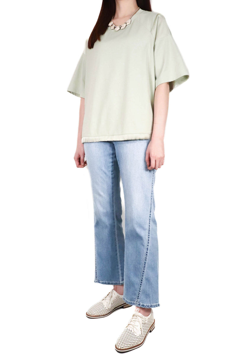 色丁光面接拼棉質上衣 - 綠色 - Chic Collection