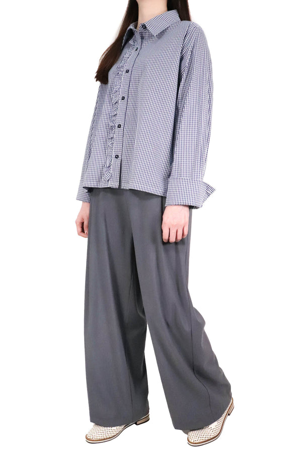 細格紋木耳邊裇衫 (日本布料) - 深藍格仔 - Chic Collection
