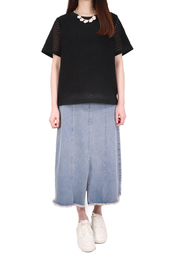前通花棉質上衣 (拼日本布料) - 黑色 - Chic Collection